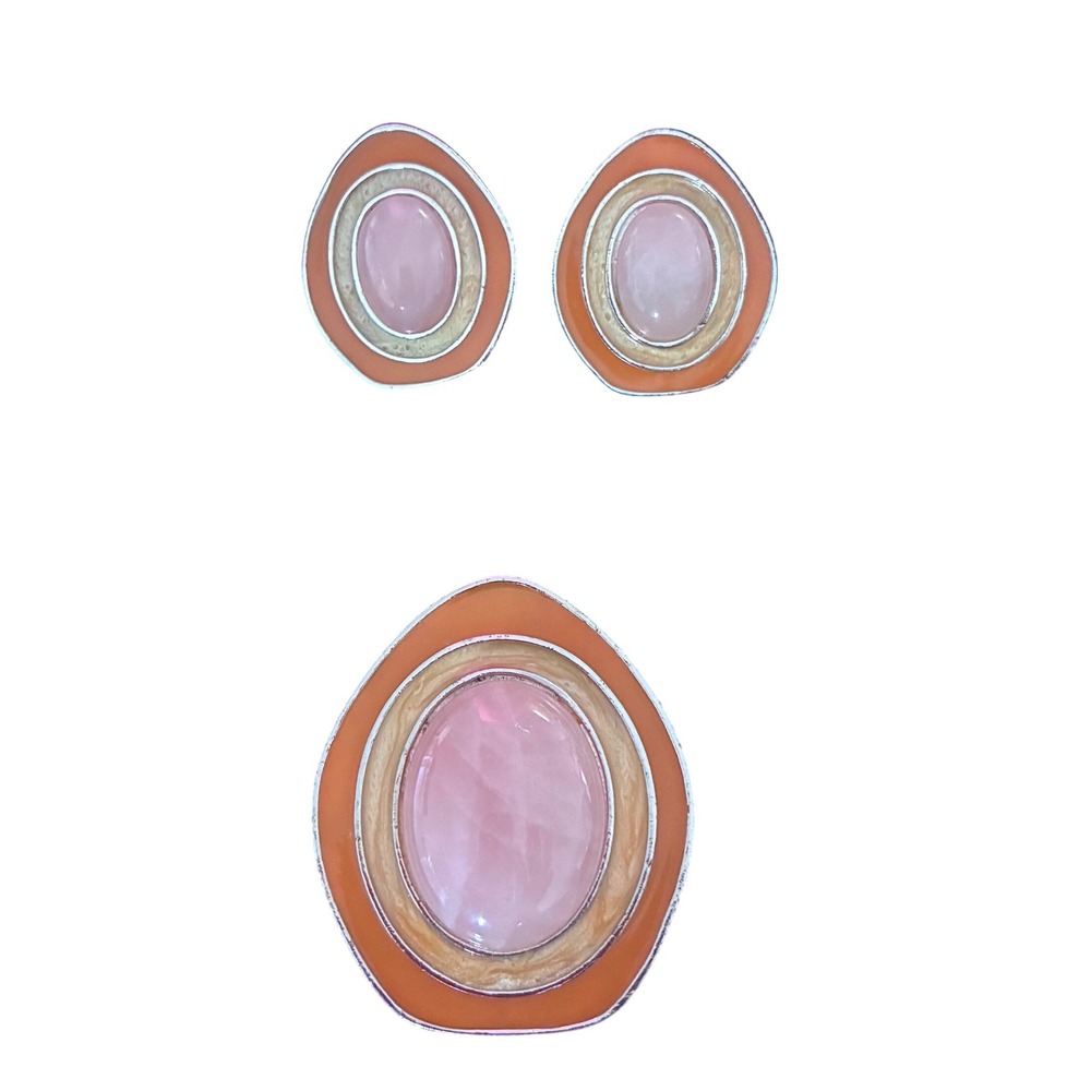 Avon Signed Convertible Brooch Pendant Earrings Set Peach Pink Silver Tone